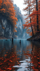 Lacul Roșu in Autumn Romania — Red Lake Surrounded by Dense Copper-Colored Woods and Tall Limestone Cliffs
