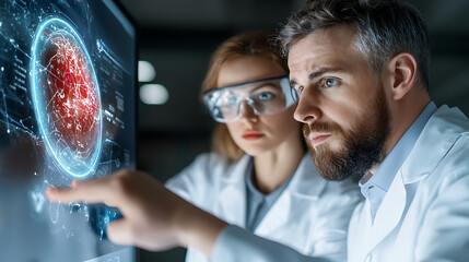 Innovative scientists collaborate on advanced technology research in high-tech lab environment close-up view of data analysis