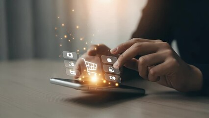 Hands tapping on a smartphone displaying digital shopping icons - Powered by Adobe