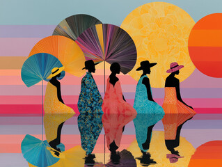 Silhouetted Women in Colorful Dresses with Umbrellas at Sunset Reflection: Abstract Fashion Artwork