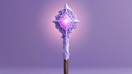 Obraz premium Standing ornate purple staff glowing against lavender backdrop, with crystal head and wooden shaft