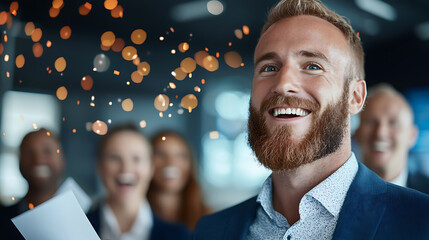 Celebratory event of achievement recognition corporate office business gathering professional atmosphere upbeat viewpoint