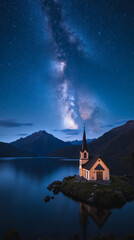 Lake Tekapo New Zealand Starry Night — Milky Way Over Still Lake and Church of the Good Shepherd