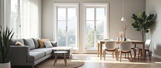 Light-Filled Open-Plan Living and Dining Space with Scandinavian Simplicity and Gray Fabric Sofa