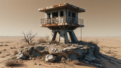 Standing rusted metal watchtower overlooking outcrop in desert plain, with shrubs and leafless tree