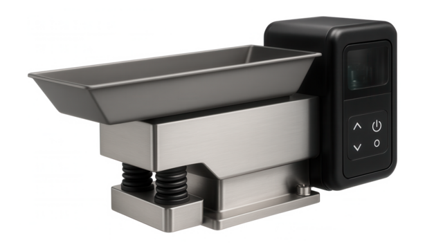 Multi-directional vibratory feeder with a variable frequency drive for customized feeding patterns in a plastic molding facility