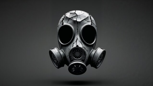 Floating cracked metal gas mask drifting in dark grey studio, with filter canisters - Powered by Adobe