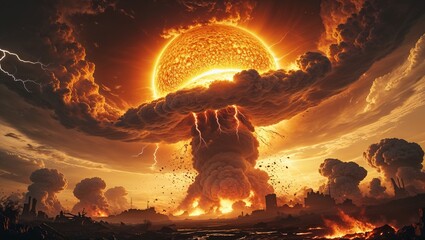 Rising glowing sun-like sphere lighting cracked plain, exposing mushroom cloud and industrial ruins