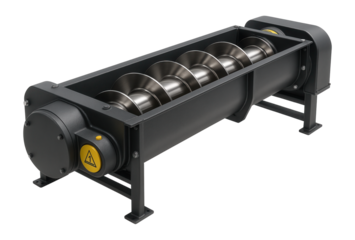 Double screw conveyor with synchronized helical screws and a reinforced frame for mixing and transporting sludge in a wastewater treatment plant.