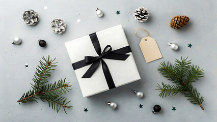 Elegant white gift box with black ribbon surrounded by festive christmas decorations on a grey background