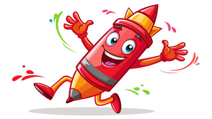 A playful red crayon dances in delight, its waxy body shining. With fun facial features and wavy hands, it adds color and joy to every creative classroom moment.