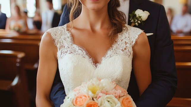 Bride in a white lace dress and groom embracing with a bouquet, in an interior church space