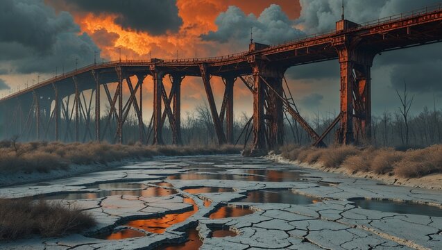 Rusted steel bridge hovering over cracked riverbed, with shallow puddles, dry grass, leafless trees - Powered by Adobe