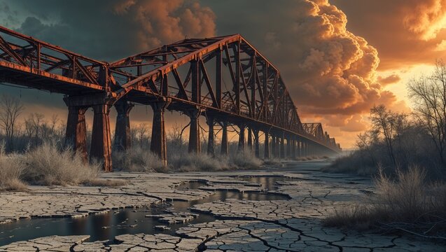 Stretching rusted steel truss railway bridge across rural dry riverbed, with puddles and bare trees - Powered by Adobe