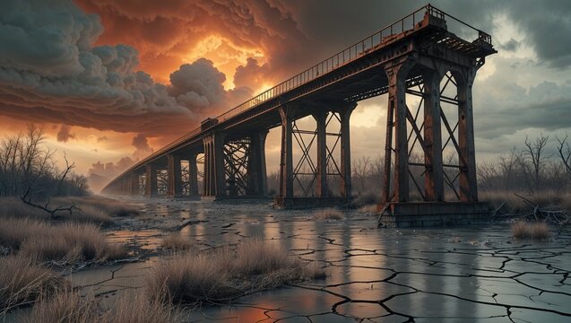 Spanning rusted railway trestle bridge over cracked riverbed in valley, under orange-lit clouds - Powered by Adobe