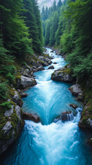 Soca River Slovenia Electric Blue Alpine River Flowing Between Mossy Rocks in Deep Forest Gorge
