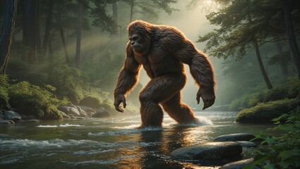 Wading Bigfoot creature crossing rocky riverbed through evergreen forest with ferns, sunlight beams