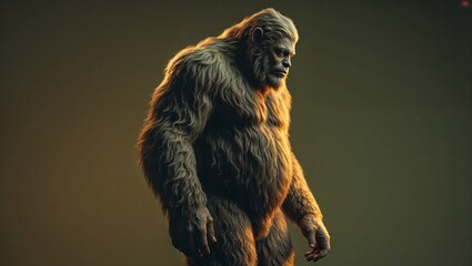 Standing fur-covered sasquatch showing muscular build and fur in studio backdrop, gradient backdrop