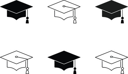 Graduation Cap Icons:  Solid, Outline, and Variations;  Education, Achievement, Success Symbols.