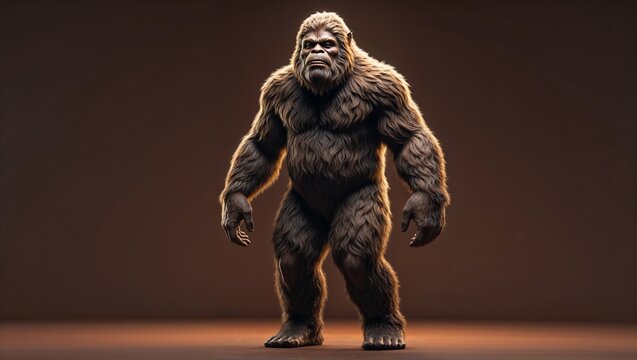 Standing bipedal ape-like creature showing muscular body in studio, with warm overhead lighting - Powered by Adobe