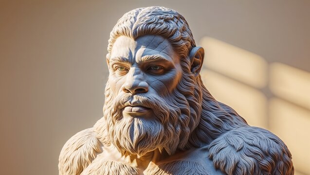 Displaying mythical bearded stone bust sculpture at gallery, with pointed ears and fur drapery - Powered by Adobe