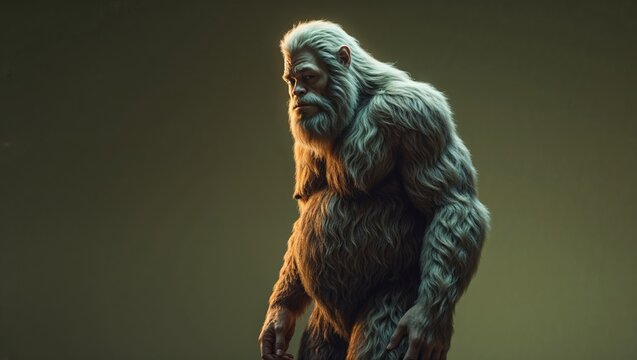 Standing fur-covered humanoid creature under side lighting in studio, olive backdrop, copy space - Powered by Adobe