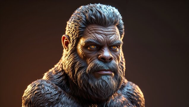 Presenting mythic Bigfoot creature showing glowing amber eyes in studio portrait with warm lighting