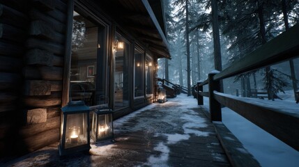 Cozy cabin evening winter forest photography snowy pathway perspective warm lantern glow