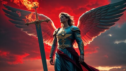 Standing armored angel wielding flaming sword at dusk, with teal and gold armor, wings, red cape