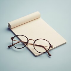 Notepad and glasses on blue background for writing business planning or creative work concept design