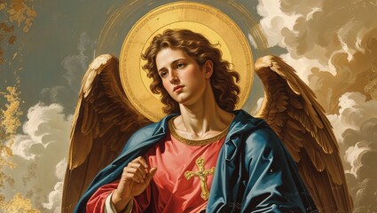 Fototapeta premium Angel gesturing blessing and holding cloak in gold clouds, cross on tunic, blue cloak, halo, wings