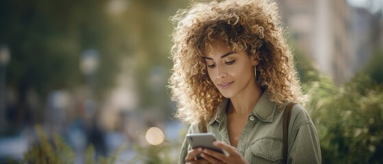 The woman enjoying her smartphone in a beautiful outdoor urban setting.