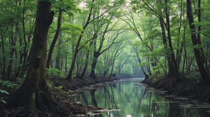 Sundarbans India Bangladesh Mangrove Forest Crisscrossed by Winding Tidal Rivers and Bengal Tigers