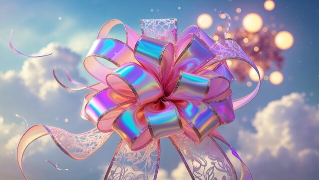 Floating iridescent gift bow shimmering above cloudscape, with lace ribbons and bokeh spheres - Powered by Adobe