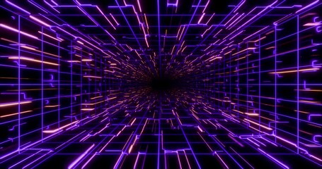 Futuristic glowing neon waving cube background. Shining geometric pink grid lines inside corridor in perspective. Bright retro digital cyberspace. 4K 3D rendering loop animation. - Powered by Adobe