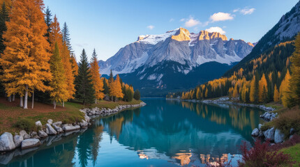 Eibsee in Autumn Germany — Bright Yellow Larches and Deep Red Maples Frame the Emerald Lake with Zugspitze View