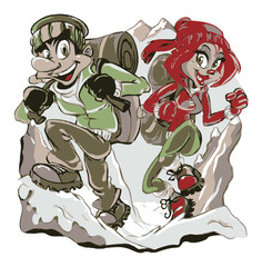 Cartoon Characters Hiking in Snowy Mountains with Backpacks and Smiles