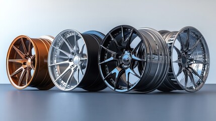 Four different alloy car wheels, various colors, presented on a grey surface