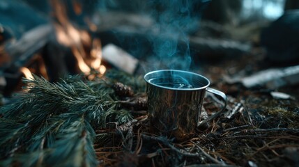 Enjoying hot coffee by the campfire forest setting outdoor lifestyle tranquil environment close-up viewpoint