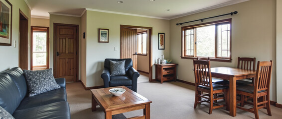 Simple and Sturdy Open-Plan Living and Dining Area with Mission-Style Details and Warm Wood Tones
