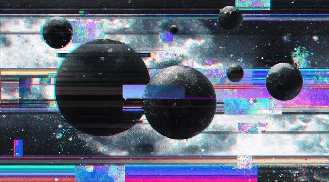 Glitching cosmic scene with dark planets, distorted nebula, and vibrant horizontal stripes of digital artifacting - Powered by Adobe