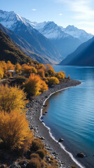 Lake Wakatipu in Autumn New Zealand with Amber Trees Hugging Curving Shoreline and Jagged Southern Alps