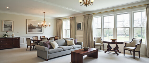 Stately Open-Plan Living and Dining Space with Focus on Symmetry and Refinement