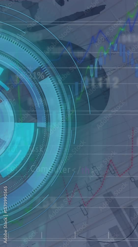 Poster animation of scope scanning, statistics and data processing on grey background