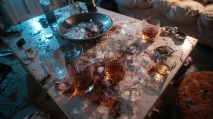 Celebration gone wild messy table with drinks and ice party scene indoor nighttime lively atmosphere