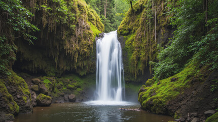 Ramona Falls Oregon USA Lace-like Waterfall Cascading Down Mossy Volcanic Rock Wall