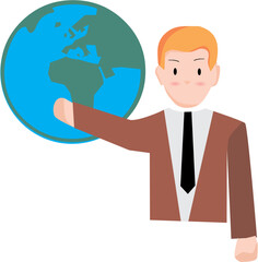 Businessman holding a glowing global business map, symbolizing success and interconnected communication
