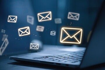 Glowing email icons float above a silver laptop on a dark blue surface, suggesting digital communication and inbox activity