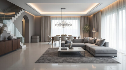 Spacious Contemporary Open-Plan Living and Dining Area with Minimalist Gray Sectional Sofa
