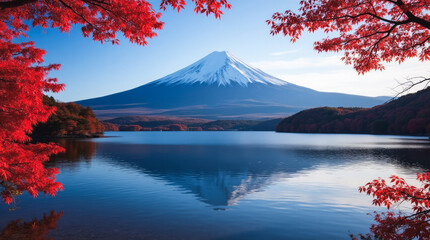 Autumn at Mount Fuji and Lake Kawaguchi in Autumn Japan Crimson Maples Frame the Lake with Perfect Reflections